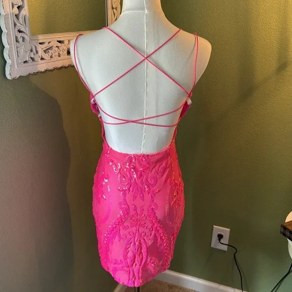 B Darlin Vibrant Pink sequin Dress - Picture 6 of 7